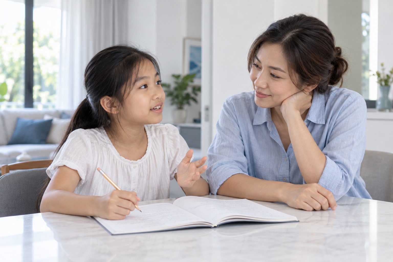 Mẹ lắng nghe con gái chia sẻ trong lúc học bài